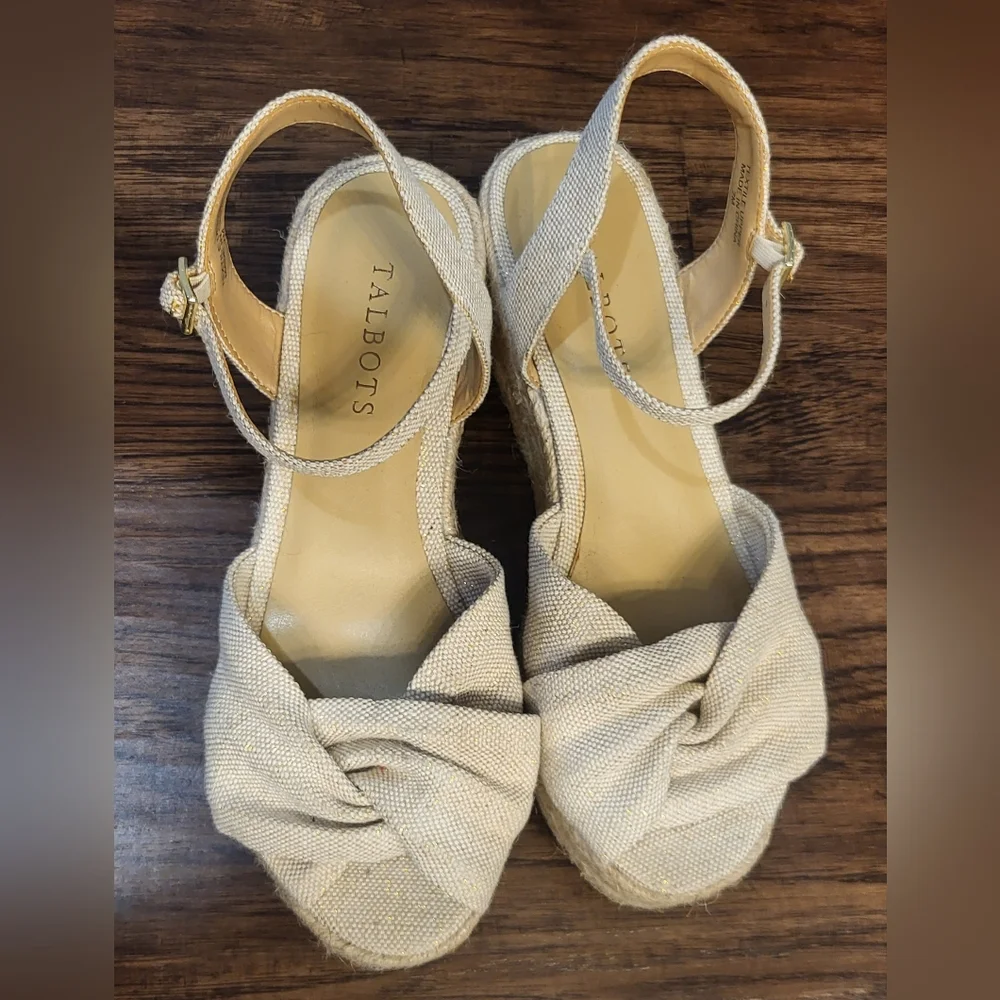 Talbots Natalie Twist Open Toe Canvas Espadrille Strappy Wedge Sandals Size 7
